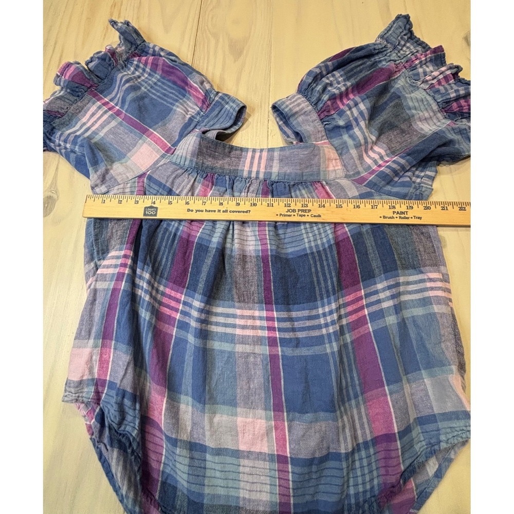 Beach Lunch Lounge Blue Purple Plaid Linen Cotton Square Neck Ruffle Top Large - Picture 7 of 13